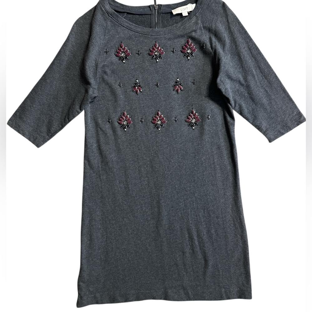 Loft Dress with Elegant Maroon and Black Embellishments. Size Small. 34” Bust.